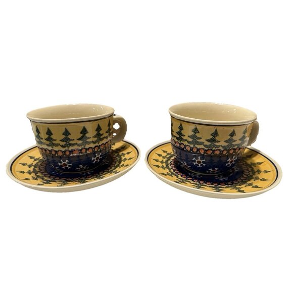 Boleslawiec Other - 2 Boleslawiec polish Art pottery  Tea Coffee Cup Mug Christmas  Tree Snow Flake